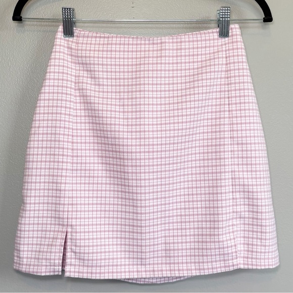 Brandy Melville High Waist Mini Pencil Skirt Pink and White Plaid - Picture 1 of 10